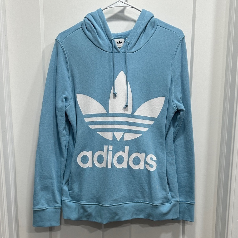 Adidas Light Blue Hoodie with White Trefoil Logo - Size Small